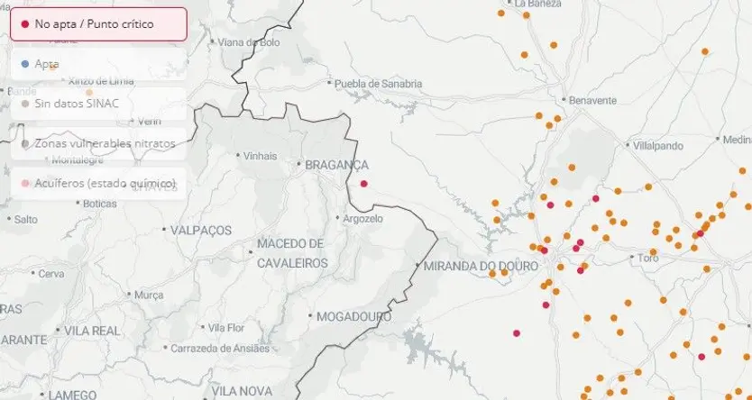 Mapa de los municipios con el agua afectada por niveles altos de nitratos