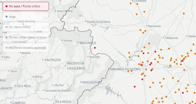 Mapa de los municipios con el agua afectada por niveles altos de nitratos