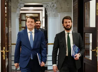 Rubén Cacho ICAL. El presidente de la Junta de Castilla y León, Alfonso Fernández Mañueco; el vicepresidente, Juan García Gallardo; y el consejero de Economía y Hacienda, Carlos Fernández Carriedo, comparecen en rue