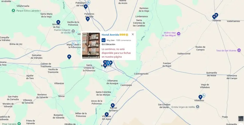 Establecimientos con punto rojo (ocupación completa) en la zona de Benavente y alrededores