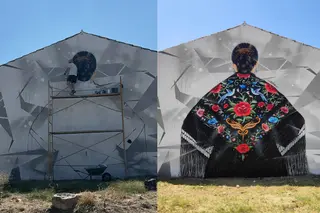 Imagen del proceso de creación y resultado final del mural de Kirbow