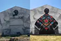 Imagen del proceso de creación y resultado final del mural de Kirbow