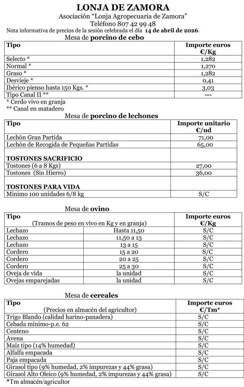 Precios Lonja de Zamora 21 de abril