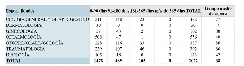 Tabla De La Lista De Espera Quirúrgica En Zamora En El Primer Trimestre De 2026