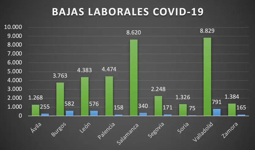 Número de bajas laborales CyL. En verdes las de diciembre, en azul las de noviembre. SALAMANCA24HORAS