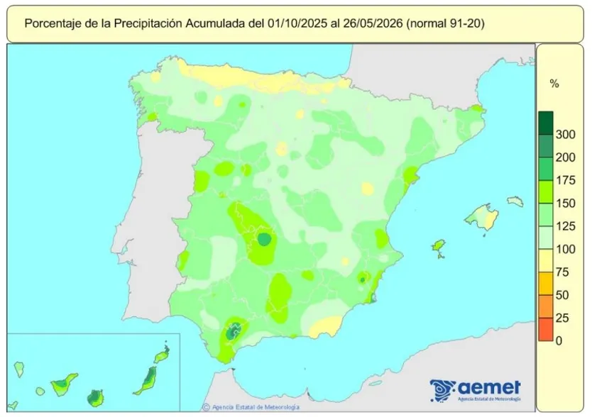 Porcentaje de precipitación acumulada respecto a la media desde el 1 de octubre | AEMET