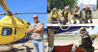 El ingeniero forestal César Ventosa (izda.) y el entreno de las brigadas en la Base Helitransportada de Villaralbo