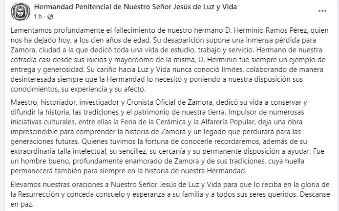 Condolencias Hermandad Penitencial de Nuestro Se&ntilde;or Jes&uacute;s de Luz y Vida.
