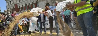 Cientos de agricultores, convocados por las organizaciones agrarias ASAJA, COAG y UPA, se han concentrado ante las puertas del Ministerio de Agricultura, Pesca y Alimentación en Madrid