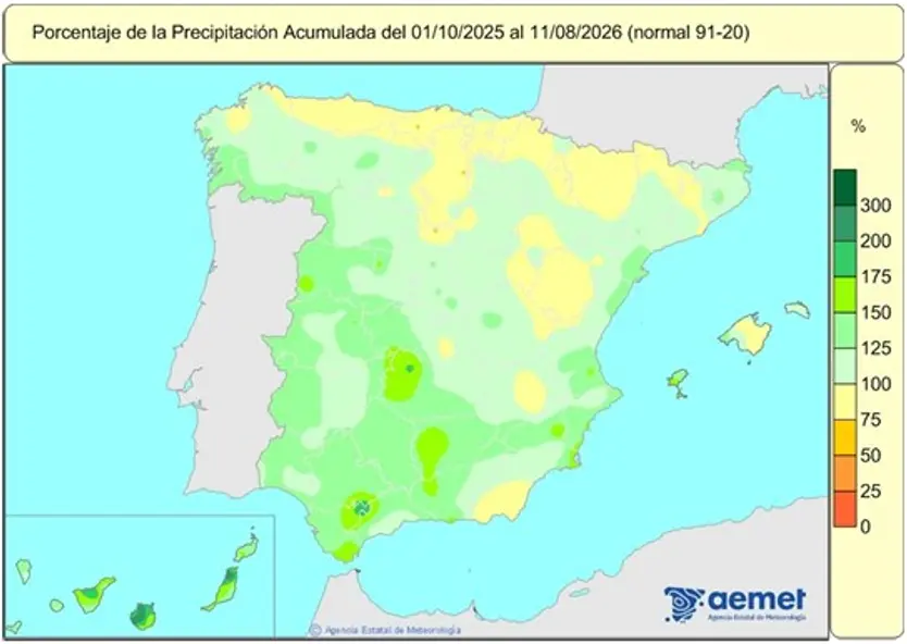 Porcentaje de precipitación acumulada respecto a la media en España