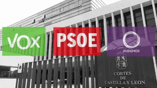 Cortes de Castilla y León con los logos de Vox, Psoe y Podemos