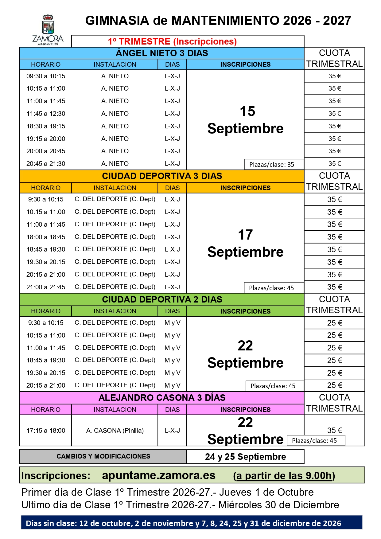 Inscripciones primer trimestre 2026-27 en gimnasia de mantenimiento