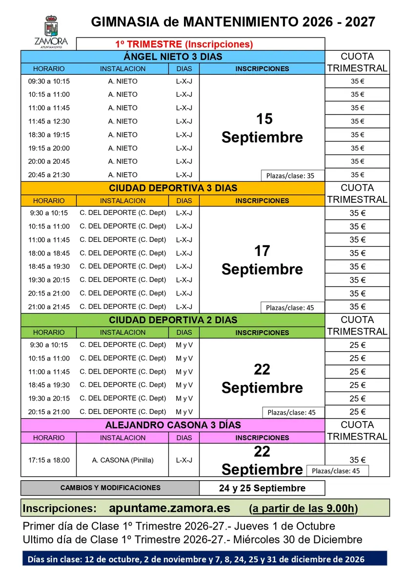 Inscripciones primer trimestre 2026-27 en gimnasia de mantenimiento