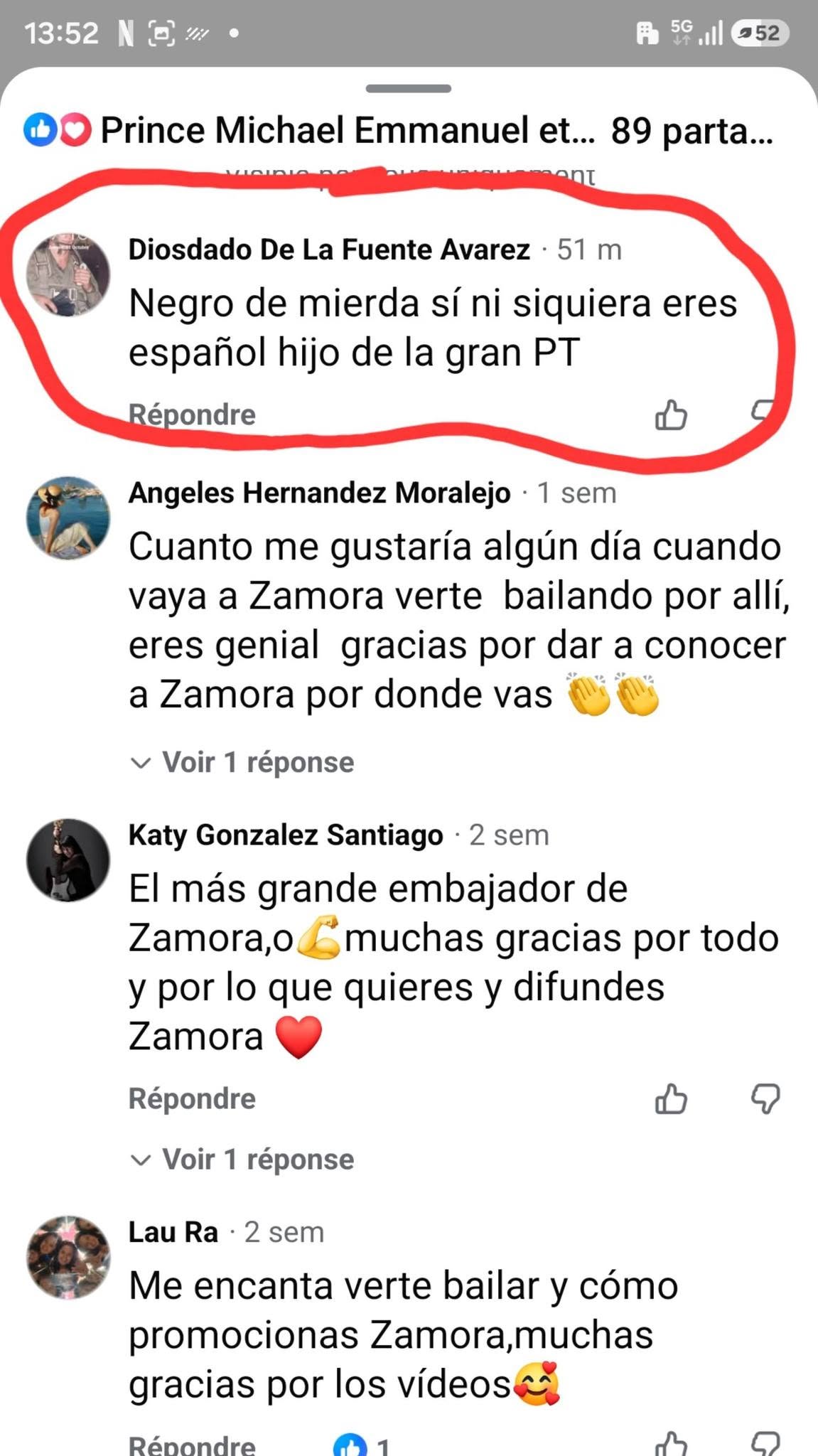Imagen del comentario de odio recibido