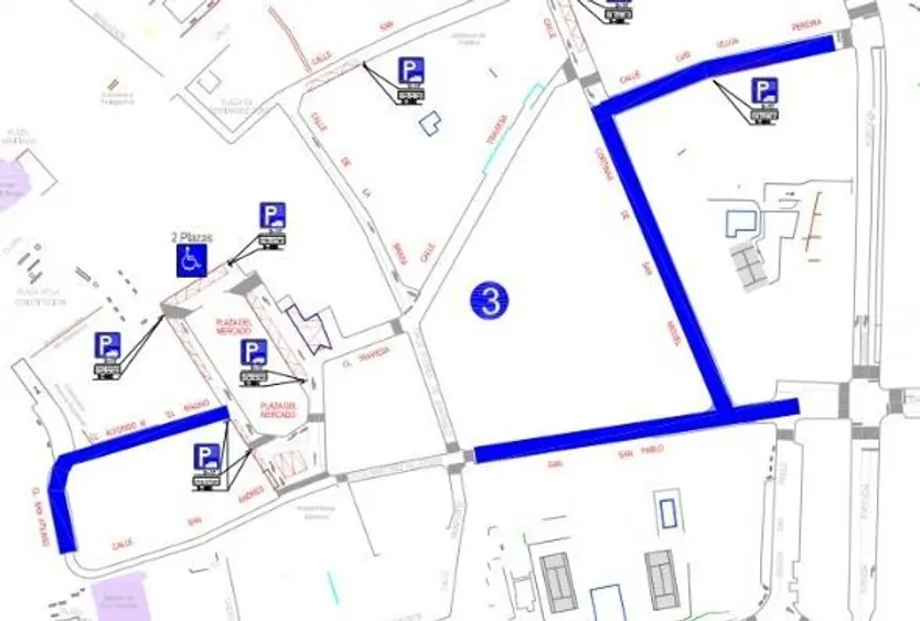 Plano de la ordenanza sobre la zona azul en el entorno de la plaza del Mercado de Abastos vigente desde 2022