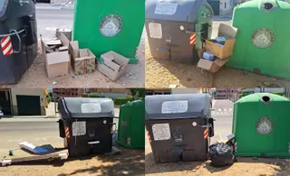 Cajas, bolsas de basura y demás objetos alrededor de los contenedores en Los Pelambres