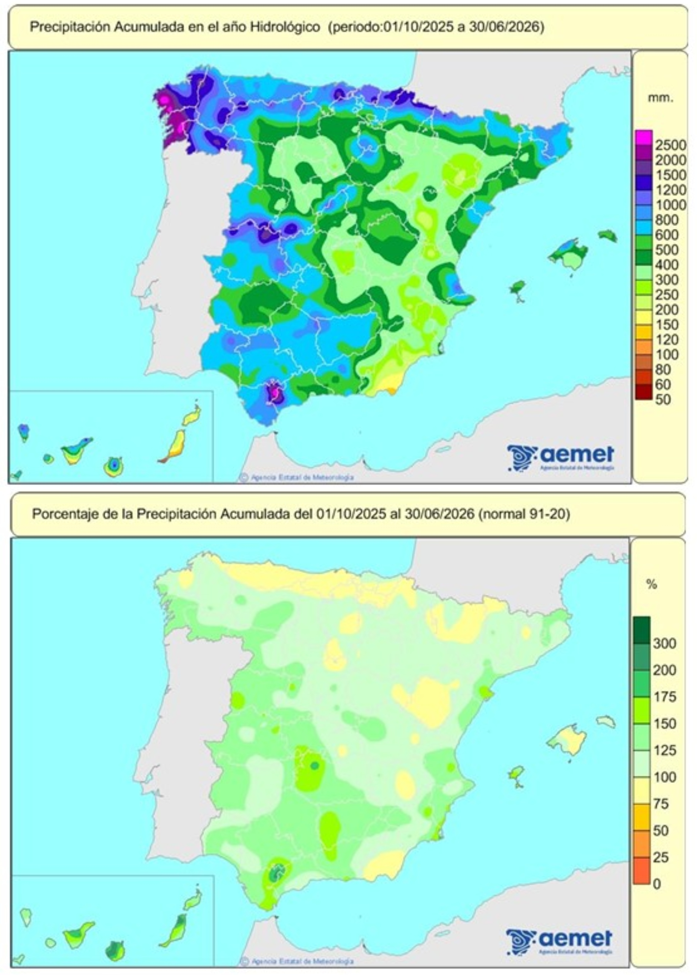 Precipitaci&oacute;n acumulada en Espa&ntilde;a y porcentaje respecto a la media desde octubre | AEMET