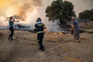 Un bombero y dos vecinos trabajan en la extinción del incendio de Losacio, a 17 de julio de 2022 Foto: Europa Press