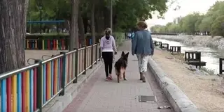 Una mujer y una niña pasean con su perro. Archivo