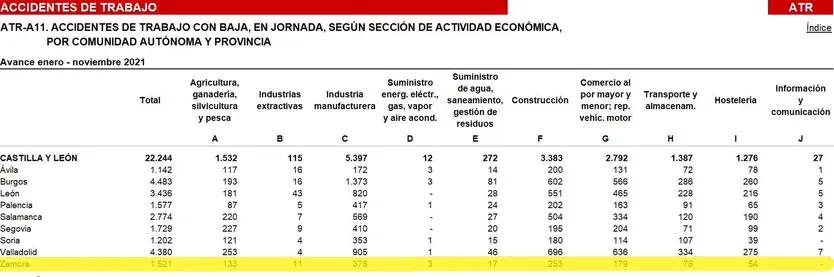 Accidentes por sectores en Zamora