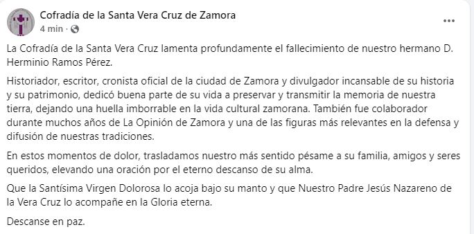 Condolencias Cofrad&iacute;a de la Santa Vera Cruz de Zamora.