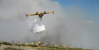 Un avión anfibio actuando en un incendio forestal. EP.